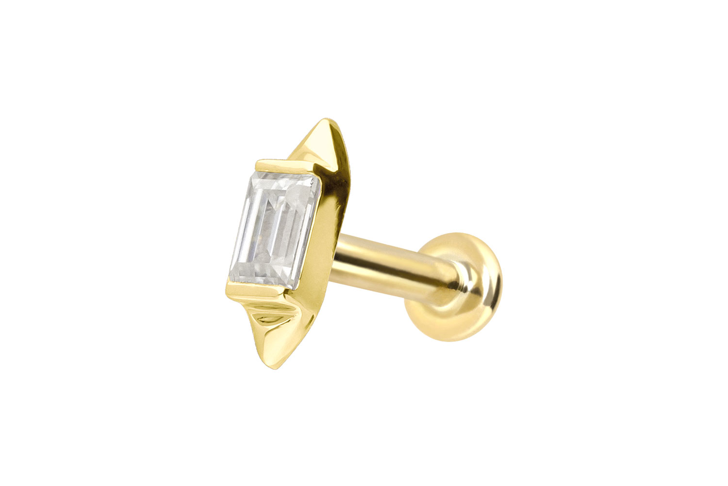 14 Karat Gold Labret Piercing mit Innengewinde MOISSANIT-RECHTECK + 2 SPITZEN